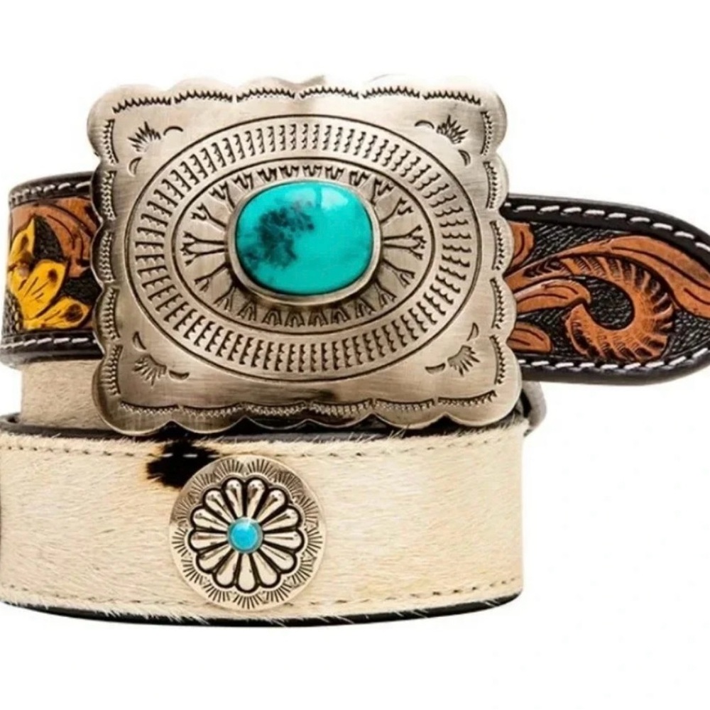 Myra Hand Tooled Leather Hair On Turquoise Buckle Belt Size Medium Brand New